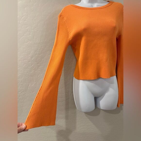 ROYALTY By MALUMA Orange Ribbed Flare Long Sleeves Lace-Up Back Top Small - Picture 4 of 11